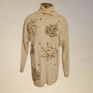 iB Diffusion Vintage Silk Blend Sweater Women's Small Cream Fall Leaves